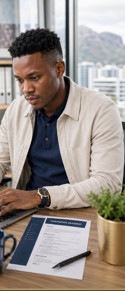 Professional matching his CV to a job advert on a laptop